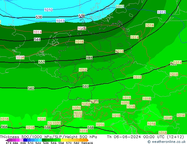 Espesor 500-1000 hPa Arpege-eu jue 06.06.2024 00 UTC