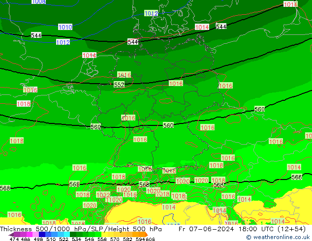 Dikte 500-1000hPa Arpege-eu vr 07.06.2024 18 UTC