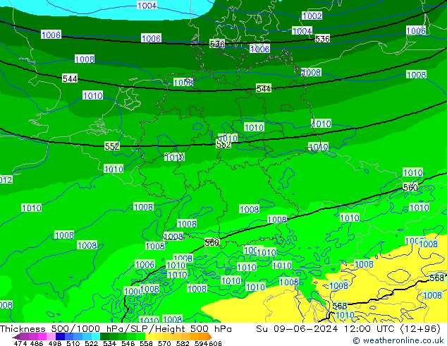 Schichtdicke 500-1000 hPa Arpege-eu So 09.06.2024 12 UTC