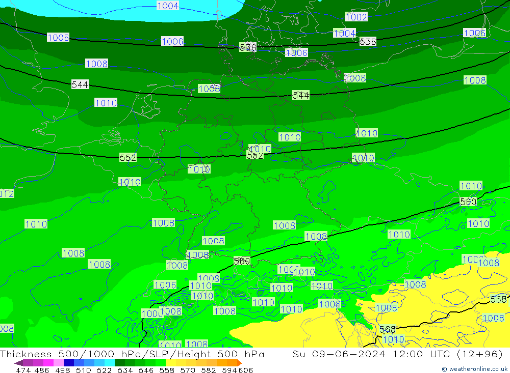 Dikte 500-1000hPa Arpege-eu zo 09.06.2024 12 UTC