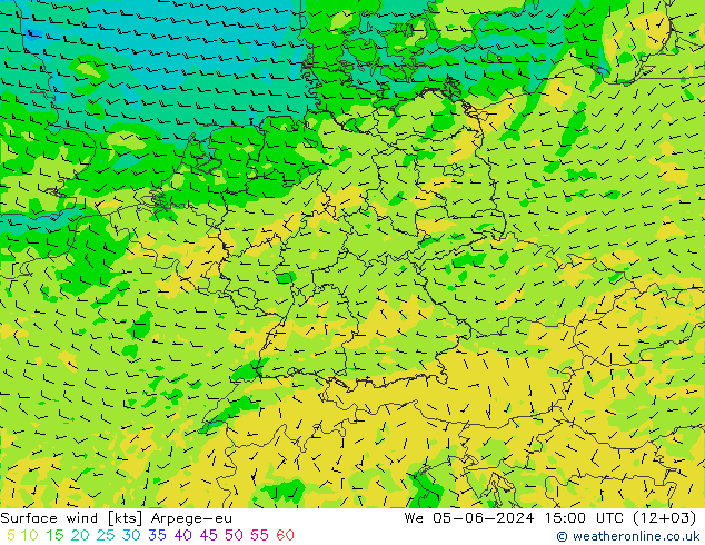 Vento 10 m Arpege-eu mer 05.06.2024 15 UTC