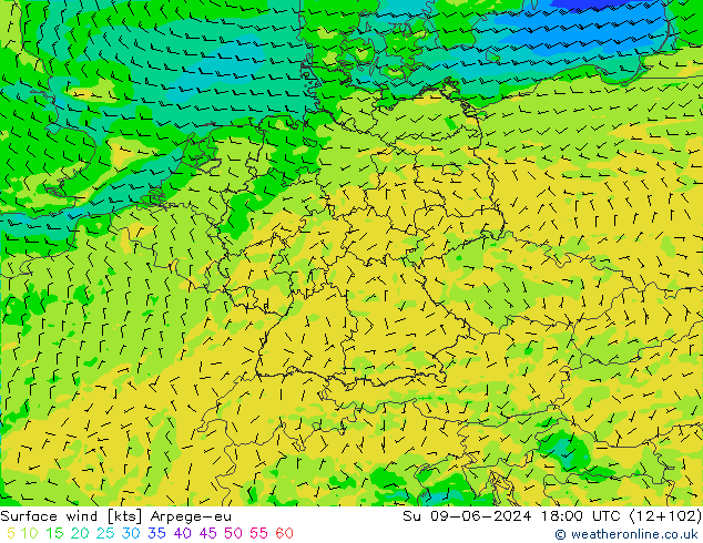 Viento 10 m Arpege-eu dom 09.06.2024 18 UTC