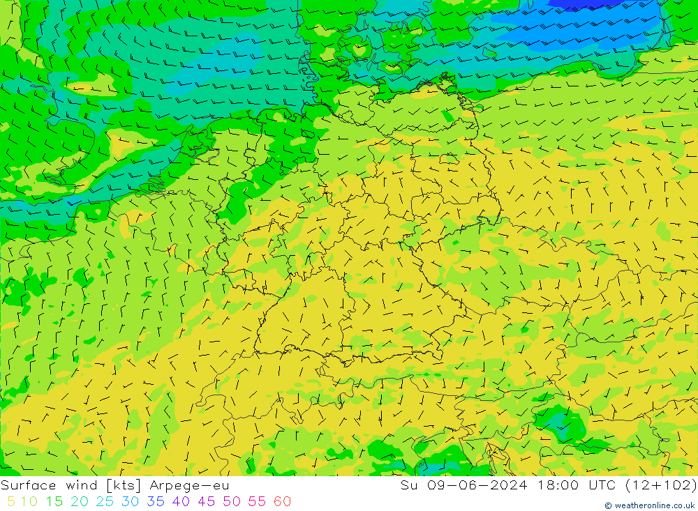 Surface wind Arpege-eu Su 09.06.2024 18 UTC