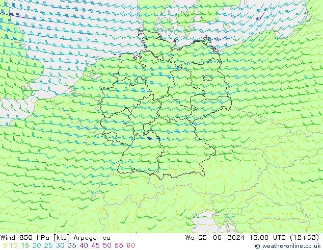 Wind 850 hPa Arpege-eu wo 05.06.2024 15 UTC