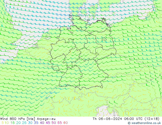 Wind 850 hPa Arpege-eu Čt 06.06.2024 06 UTC