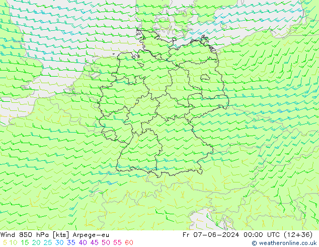 Wind 850 hPa Arpege-eu Fr 07.06.2024 00 UTC