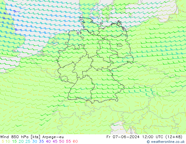 Viento 850 hPa Arpege-eu vie 07.06.2024 12 UTC