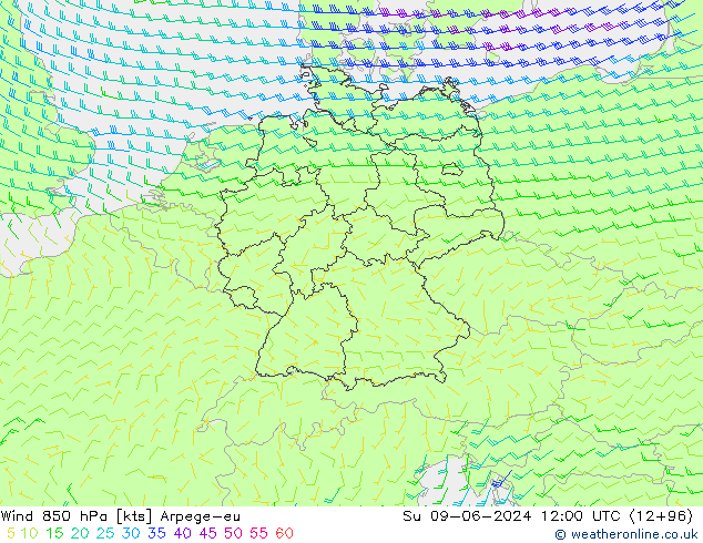 Wind 850 hPa Arpege-eu zo 09.06.2024 12 UTC