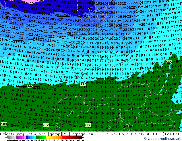 Height/Temp. 500 hPa Arpege-eu Čt 06.06.2024 00 UTC