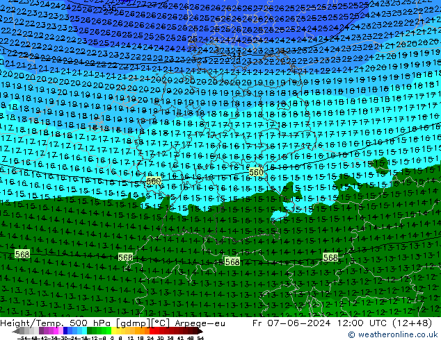 Hoogte/Temp. 500 hPa Arpege-eu vr 07.06.2024 12 UTC