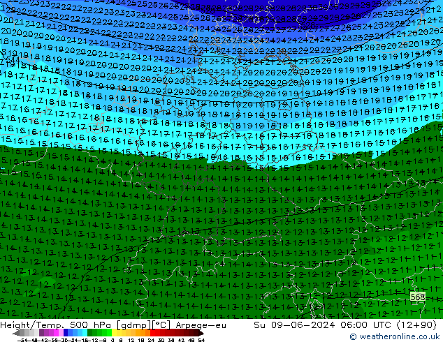 Hoogte/Temp. 500 hPa Arpege-eu zo 09.06.2024 06 UTC