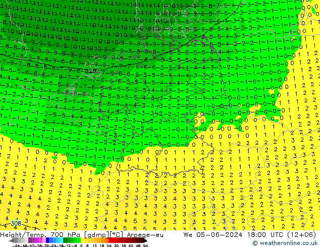 Géop./Temp. 700 hPa Arpege-eu mer 05.06.2024 18 UTC