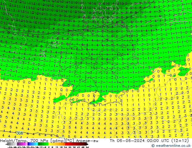 Height/Temp. 700 hPa Arpege-eu Do 06.06.2024 00 UTC