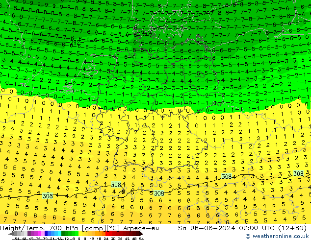 Height/Temp. 700 hPa Arpege-eu Sa 08.06.2024 00 UTC