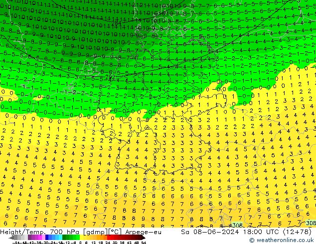 Height/Temp. 700 hPa Arpege-eu so. 08.06.2024 18 UTC