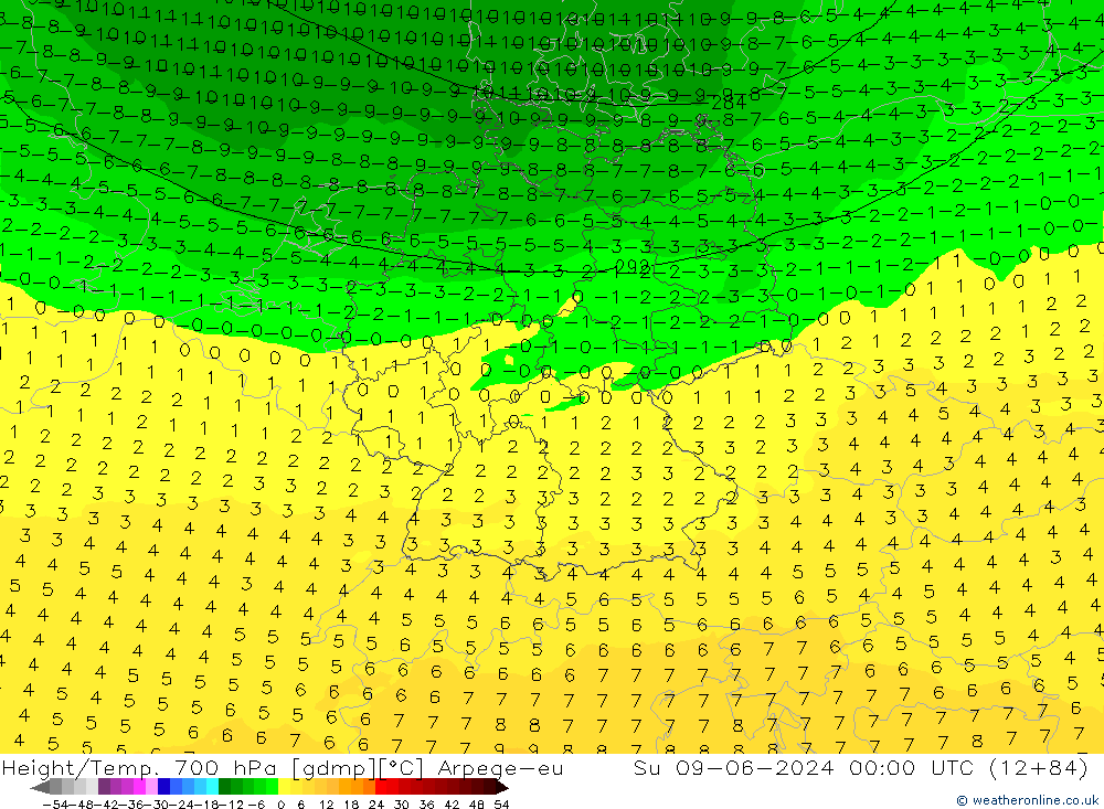 Height/Temp. 700 hPa Arpege-eu Dom 09.06.2024 00 UTC