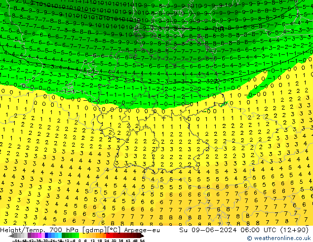 Height/Temp. 700 hPa Arpege-eu nie. 09.06.2024 06 UTC