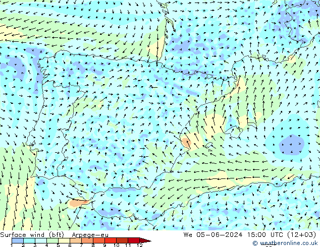 Viento 10 m (bft) Arpege-eu mié 05.06.2024 15 UTC