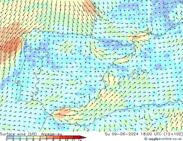 Surface wind (bft) Arpege-eu Su 09.06.2024 18 UTC