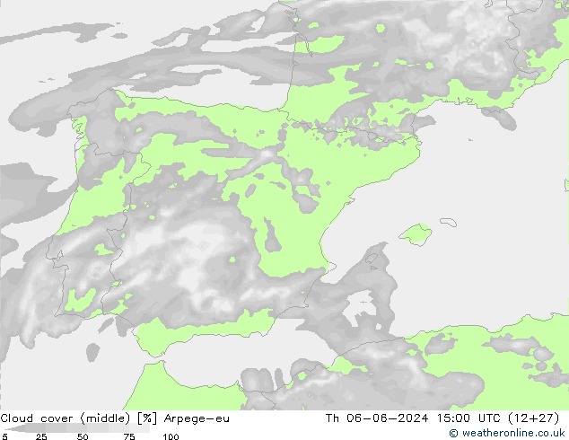 Cloud cover (middle) Arpege-eu Th 06.06.2024 15 UTC