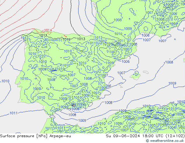 Atmosférický tlak Arpege-eu Ne 09.06.2024 18 UTC