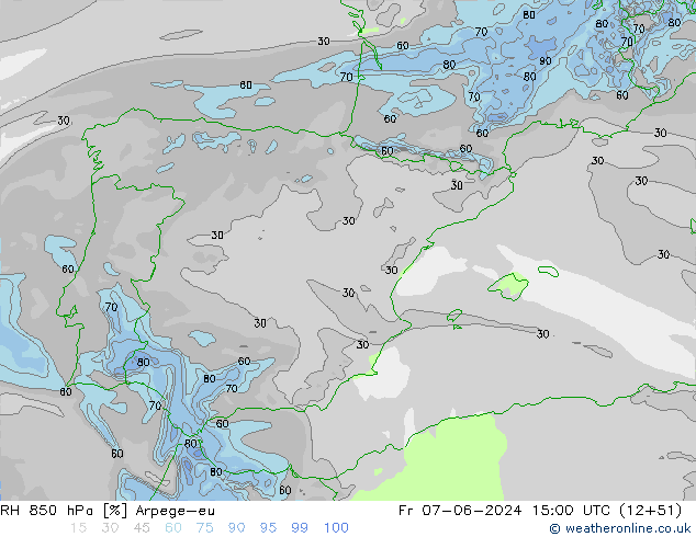 Humidité rel. 850 hPa Arpege-eu ven 07.06.2024 15 UTC