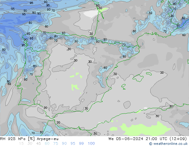 Humidité rel. 925 hPa Arpege-eu mer 05.06.2024 21 UTC