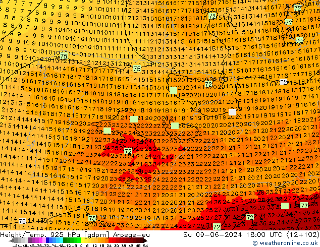 Height/Temp. 925 гПа Arpege-eu Вс 09.06.2024 18 UTC