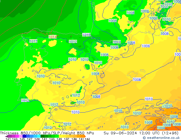 Thck 850-1000 hPa Arpege-eu  09.06.2024 12 UTC