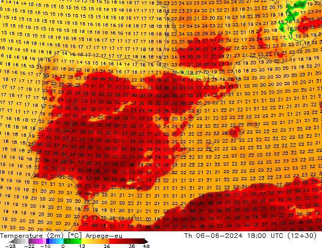 Temperatura (2m) Arpege-eu Qui 06.06.2024 18 UTC