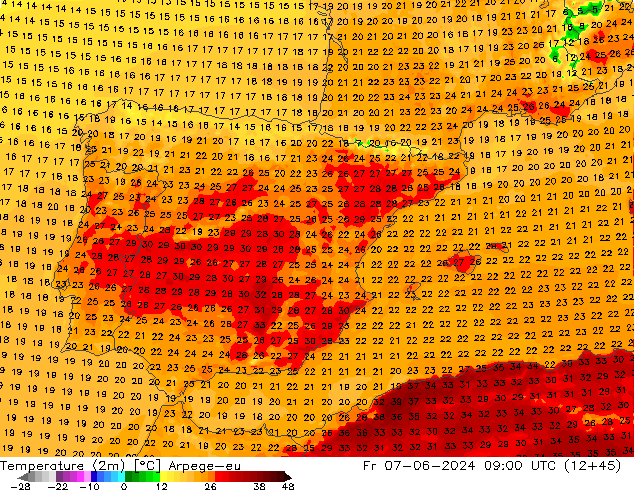 Sıcaklık Haritası (2m) Arpege-eu Cu 07.06.2024 09 UTC