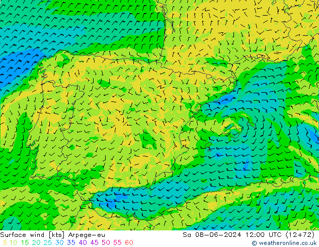 Vento 10 m Arpege-eu sab 08.06.2024 12 UTC