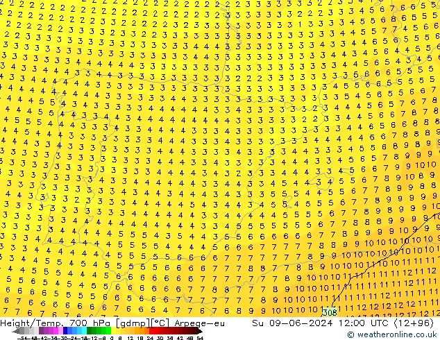 Height/Temp. 700 hPa Arpege-eu dom 09.06.2024 12 UTC