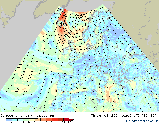 Viento 10 m (bft) Arpege-eu jue 06.06.2024 00 UTC