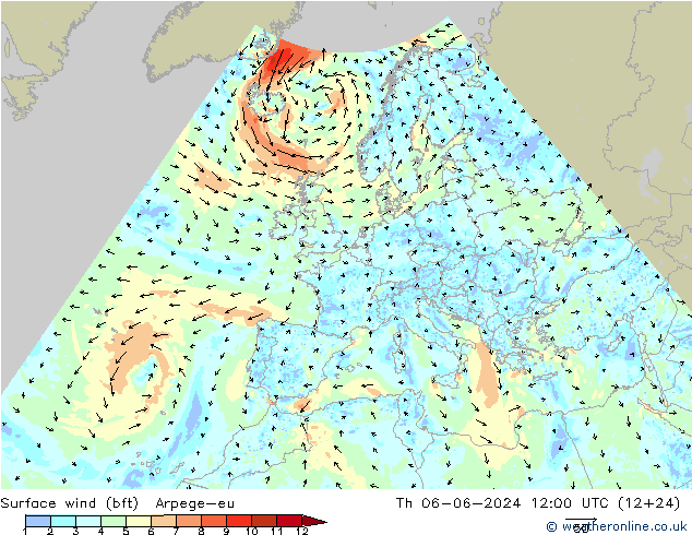 Surface wind (bft) Arpege-eu Čt 06.06.2024 12 UTC