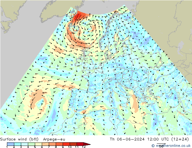 Bodenwind (bft) Arpege-eu Do 06.06.2024 12 UTC