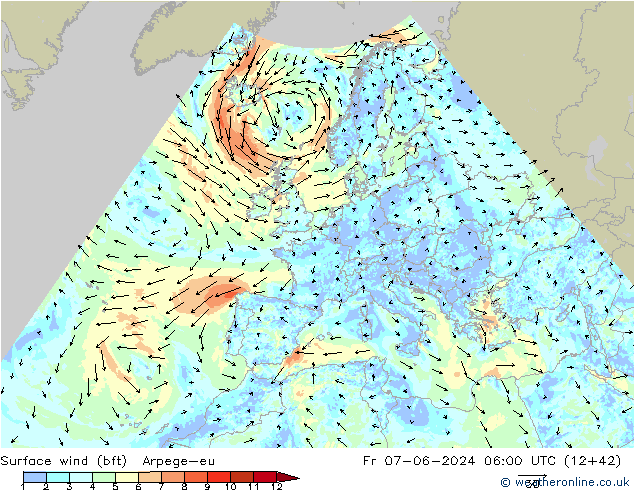 Bodenwind (bft) Arpege-eu Fr 07.06.2024 06 UTC