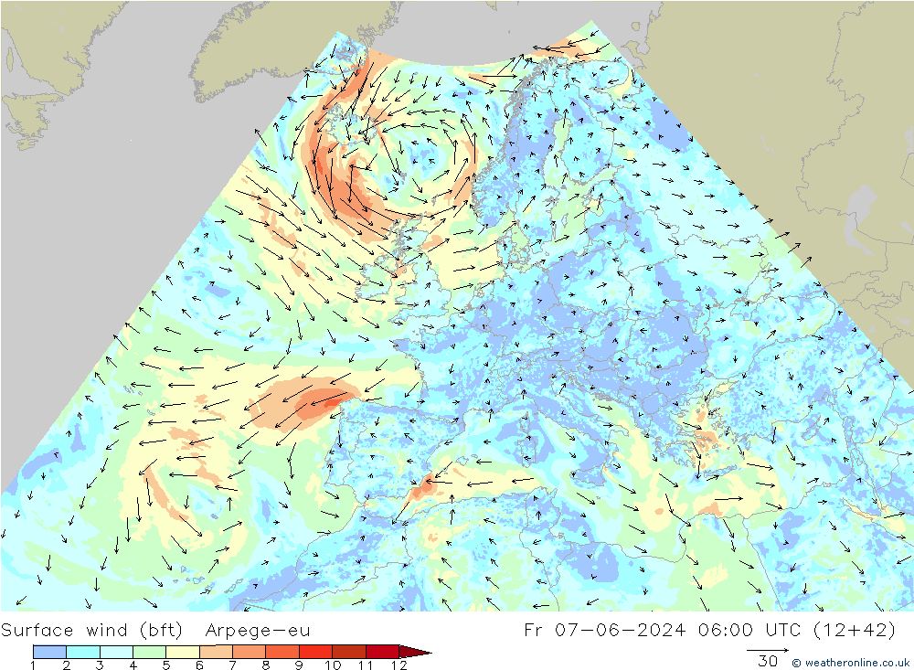 Wind 10 m (bft) Arpege-eu vr 07.06.2024 06 UTC