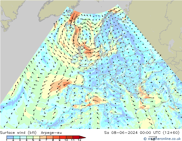 Surface wind (bft) Arpege-eu So 08.06.2024 00 UTC