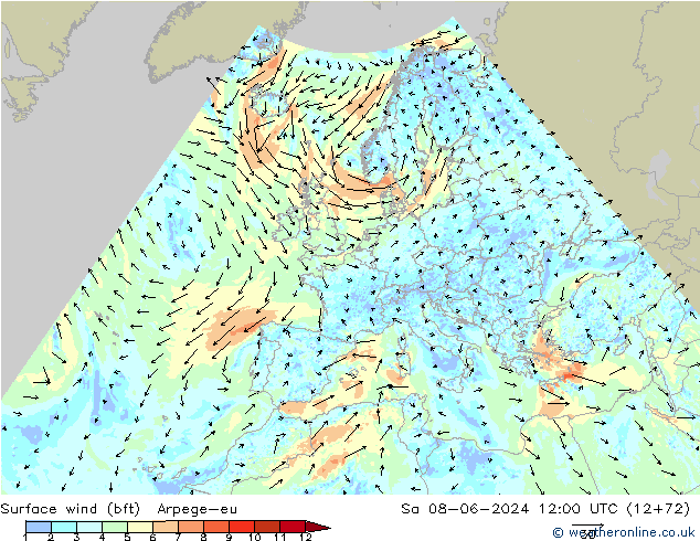 Vento 10 m (bft) Arpege-eu Sáb 08.06.2024 12 UTC