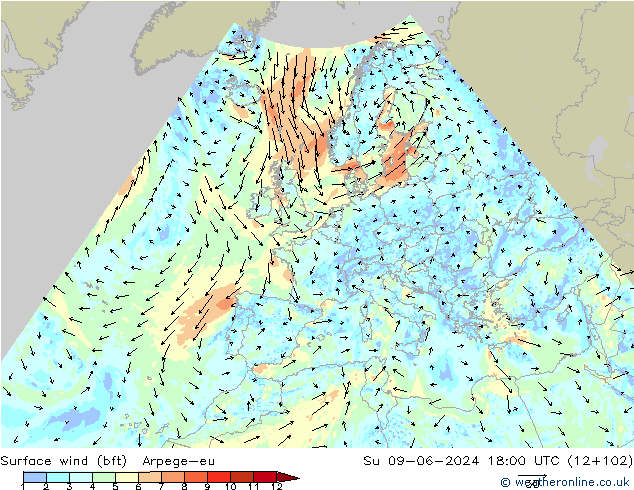 Surface wind (bft) Arpege-eu Ne 09.06.2024 18 UTC
