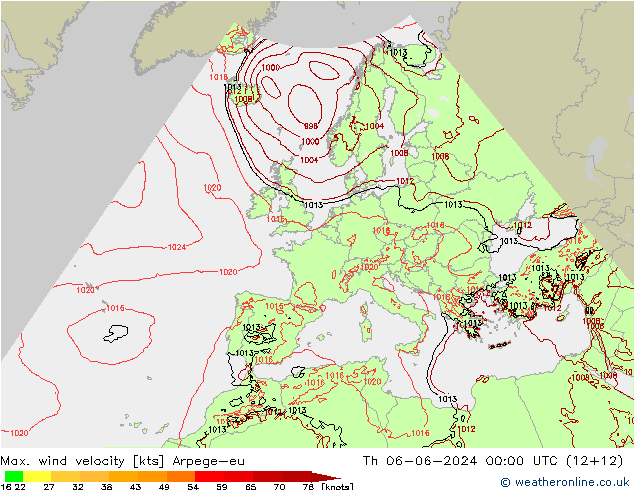 Max. wind velocity Arpege-eu Th 06.06.2024 00 UTC