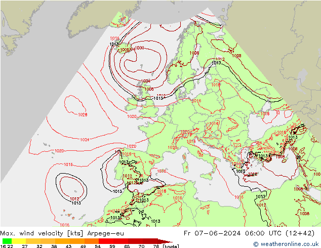 Max. wind velocity Arpege-eu Fr 07.06.2024 06 UTC