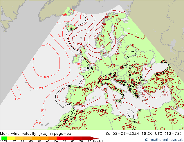 Max. wind velocity Arpege-eu so. 08.06.2024 18 UTC