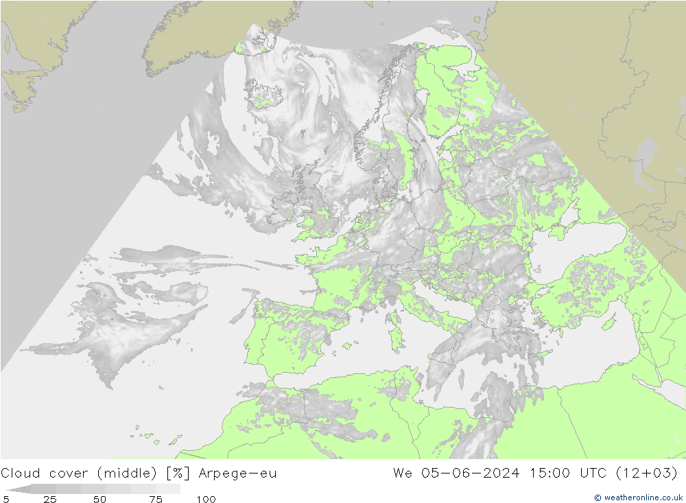 Cloud cover (middle) Arpege-eu We 05.06.2024 15 UTC