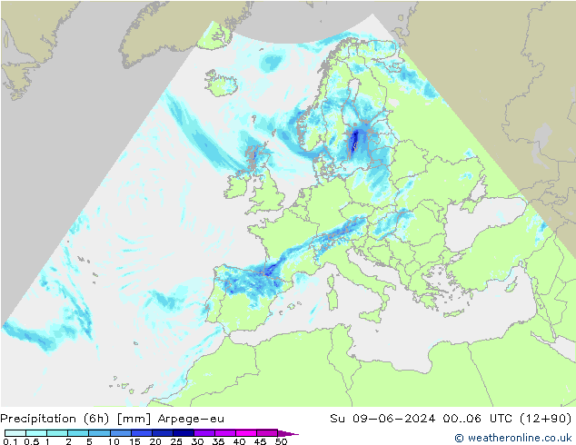 Précipitation (6h) Arpege-eu dim 09.06.2024 06 UTC