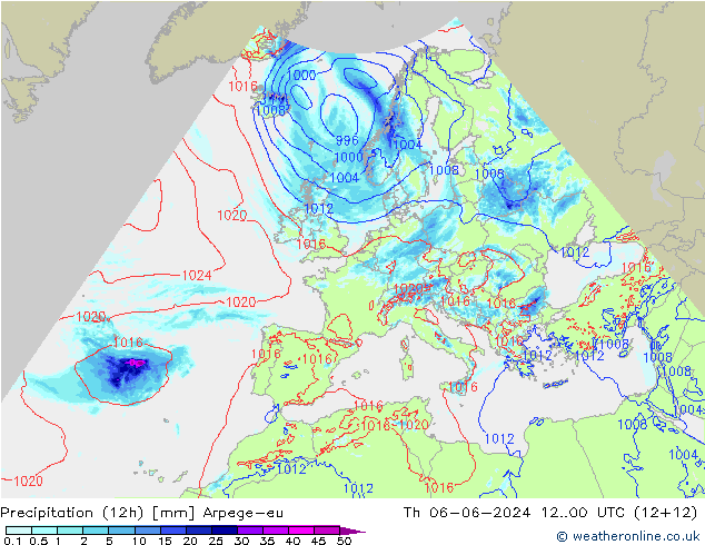 Totale neerslag (12h) Arpege-eu do 06.06.2024 00 UTC