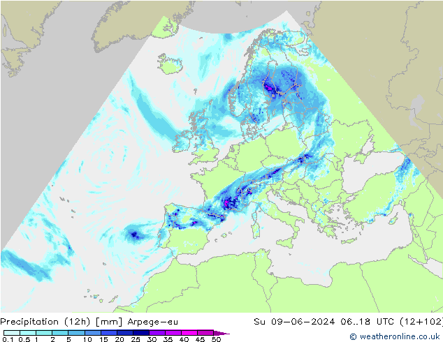 Precipitación (12h) Arpege-eu dom 09.06.2024 18 UTC