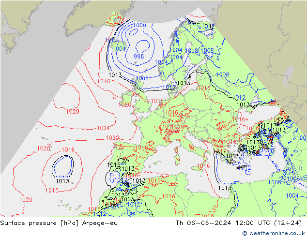 Presión superficial Arpege-eu jue 06.06.2024 12 UTC