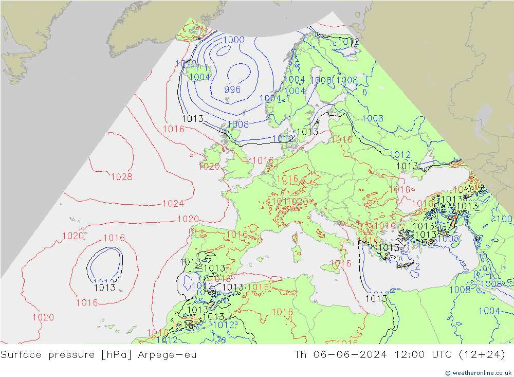 Presión superficial Arpege-eu jue 06.06.2024 12 UTC